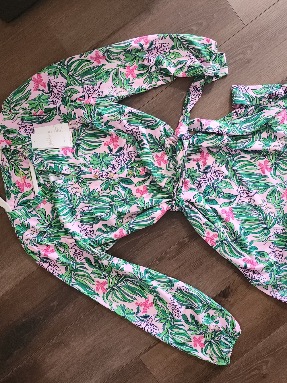 Lilly Pulitzer Ensley UPF 50+ Pink Floral & Green Leaf Print Dress